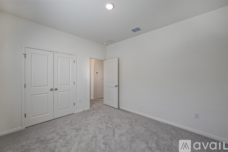 A room with two doors and a carpeted floor.