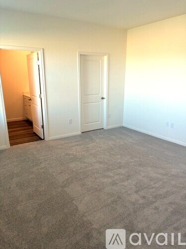 A room with a carpeted floor and a door.