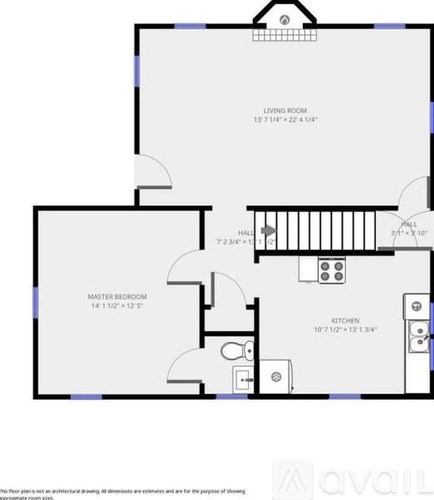 A floor plan of a house with a living room, kitchen, and two bedrooms.
