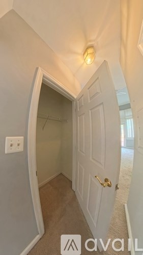 A hallway with a white door and a light on the ceiling.