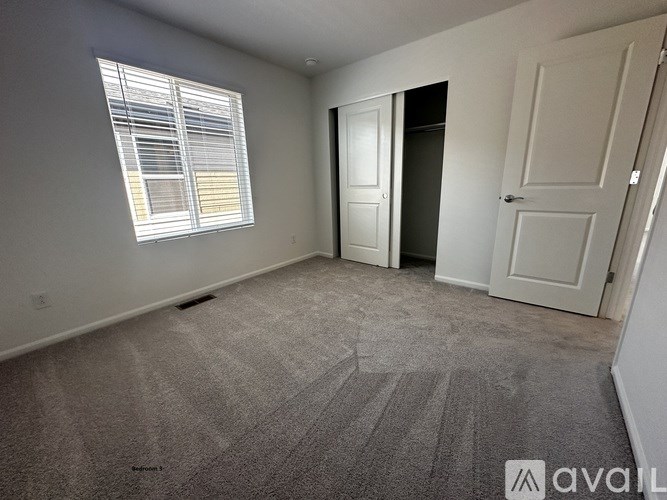 A room with a carpeted floor, a window with blinds, and two doors, one of which is open.