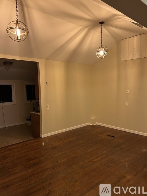 A room with wooden floors and a ceiling light fixture.