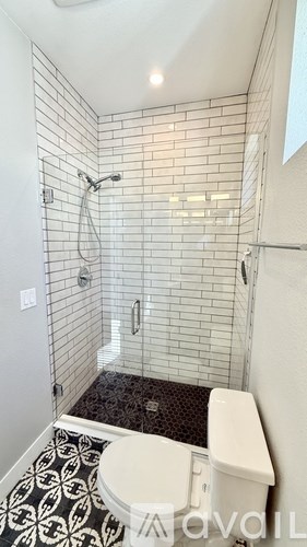 A bathroom with a black and white floor mat and a white toilet.