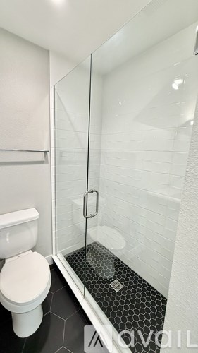 A white toilet sits next to a walk-in shower with a glass door.