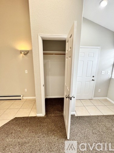 A hallway with a door and a carpet on the floor.