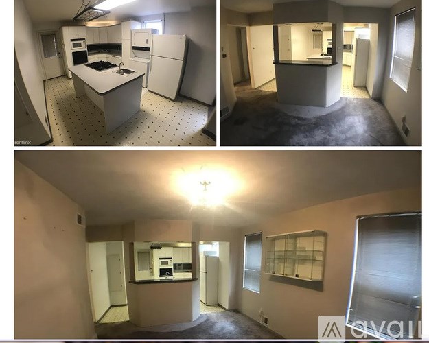 A series of images showing a kitchen and living room in a house.