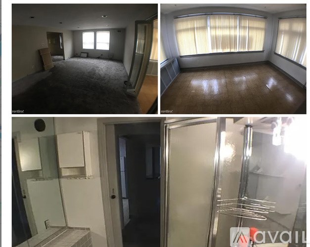 Four images of an empty apartment with a bedroom, living room, bathroom, and kitchen.