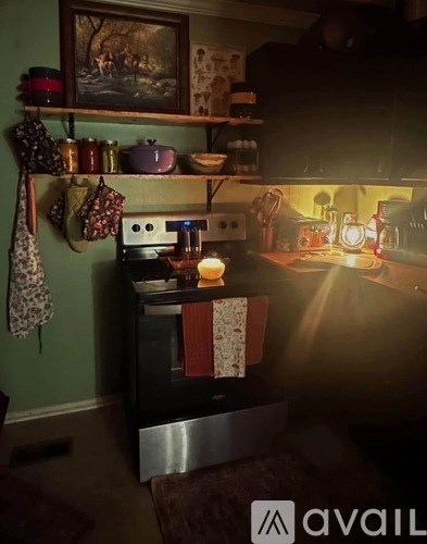 A kitchen with a stove and a painting on the wall.