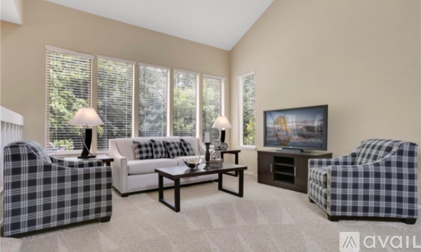 A living room with a checkered couch and a television.