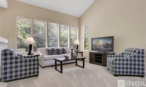 A living room with a checkered couch and a television.