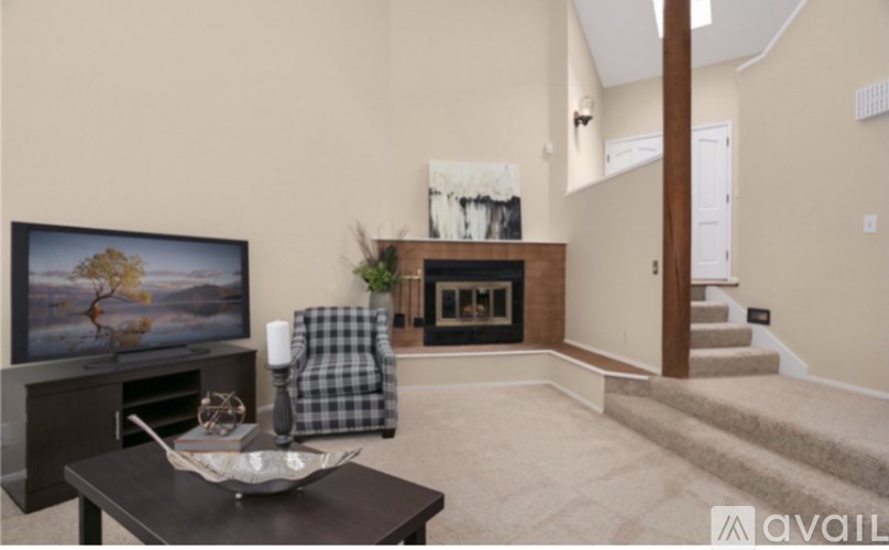 A living room with a fireplace and a television.