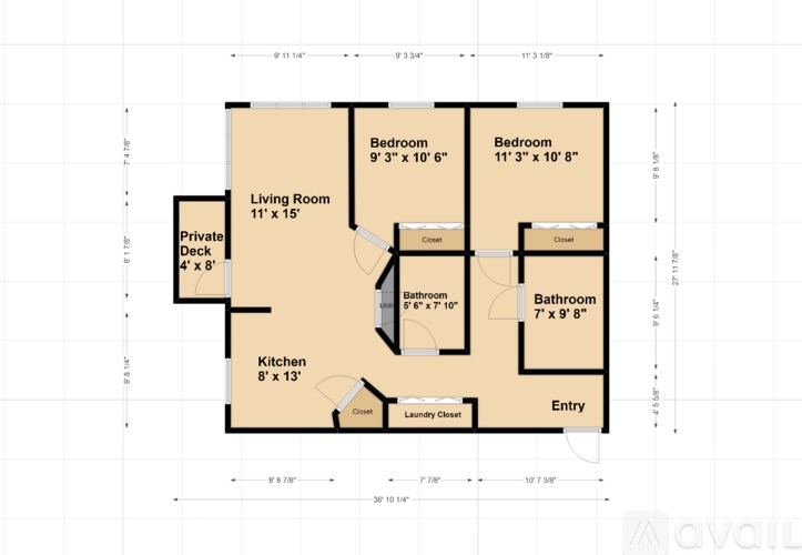 A floor plan of an apartment with two bedrooms, a living room, a kitchen, a private deck, and a laundry closet.