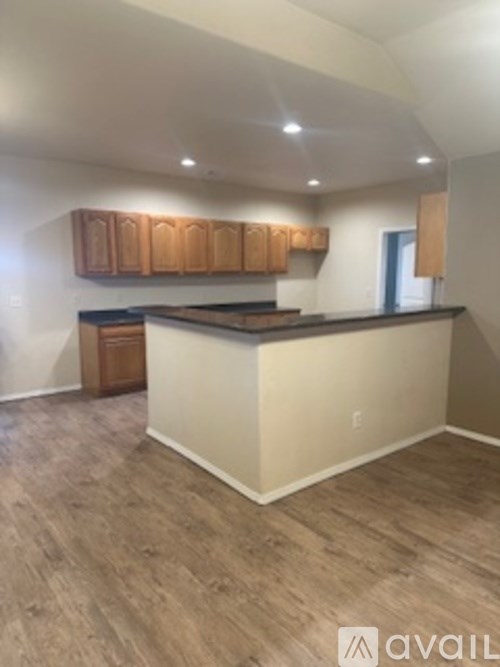 A kitchen with wooden cabinets and a countertop is available for rent.