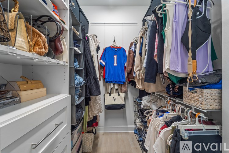 A walk in closet with a blue jersey hanging in the middle.