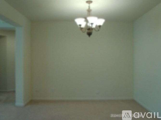 A chandelier hangs from the ceiling in a room with white walls and a carpeted floor.