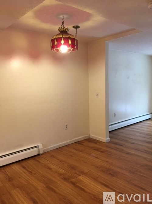 A room with a wooden floor and a light hanging from the ceiling.