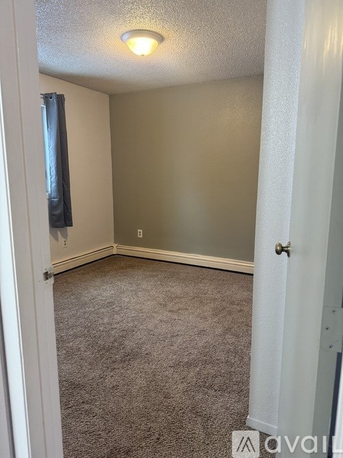 A room with a carpeted floor and a door.