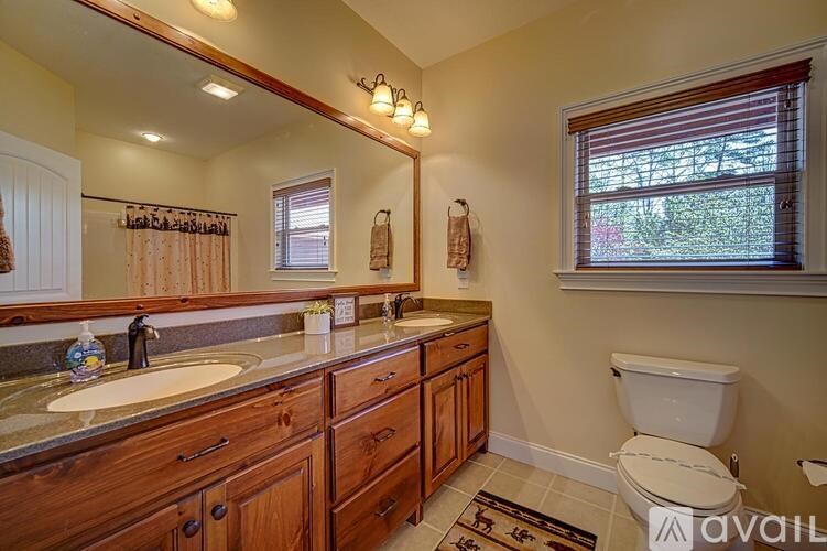 A bathroom with a toilet, sink, and mirror.