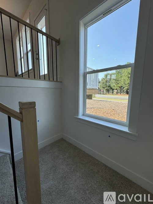 A room with a carpeted floor and a window showing a view of a tree-lined street.