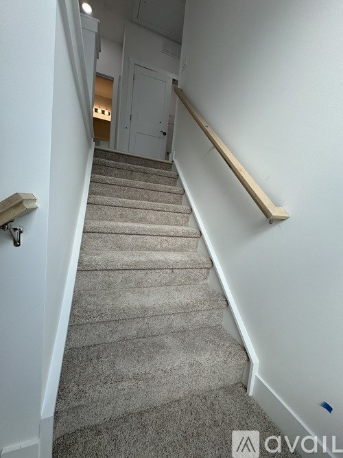 A staircase with a carpeted runner and wooden handrail.