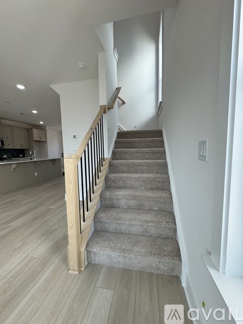 A staircase with a carpeted runner and wooden handrails.