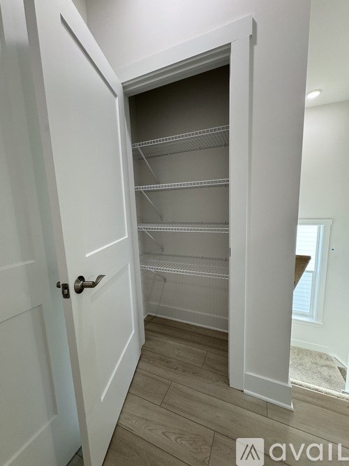 A white door with a handle is open to a walk-in closet with shelves.