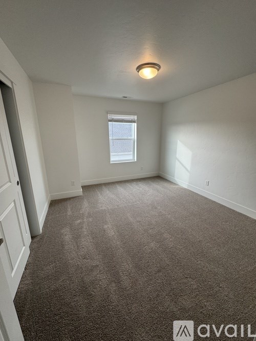 A carpeted room with a window and a door.