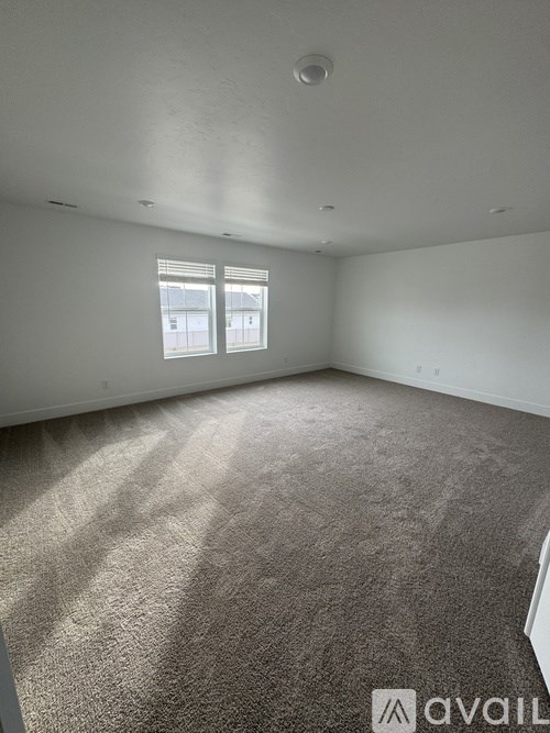 A room with a carpeted floor and a window letting in sunlight.