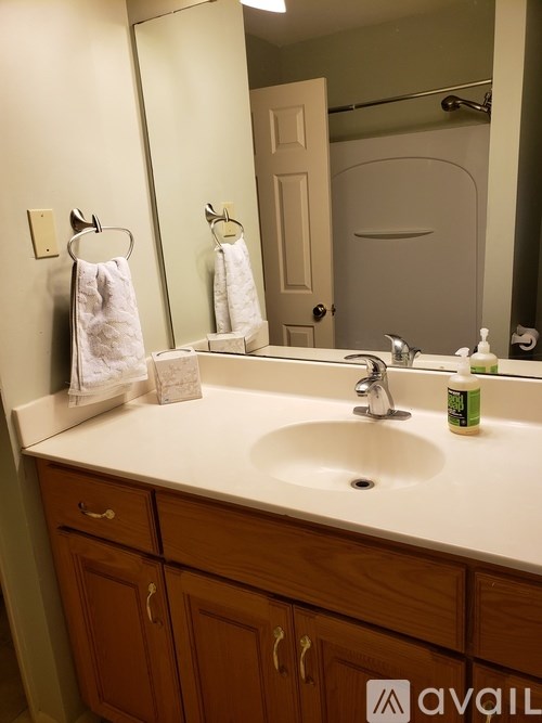 A bathroom with a white sink and wooden cabinets.