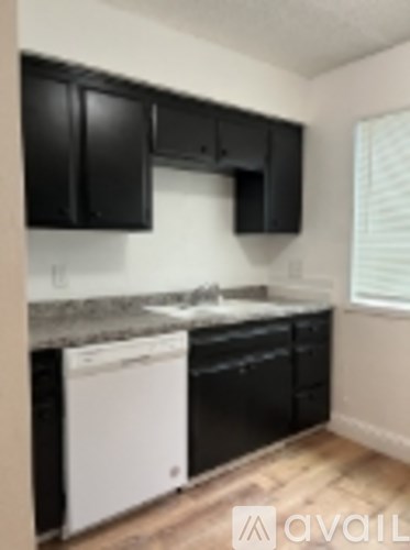 A kitchen with black cabinets and a white dishwasher.