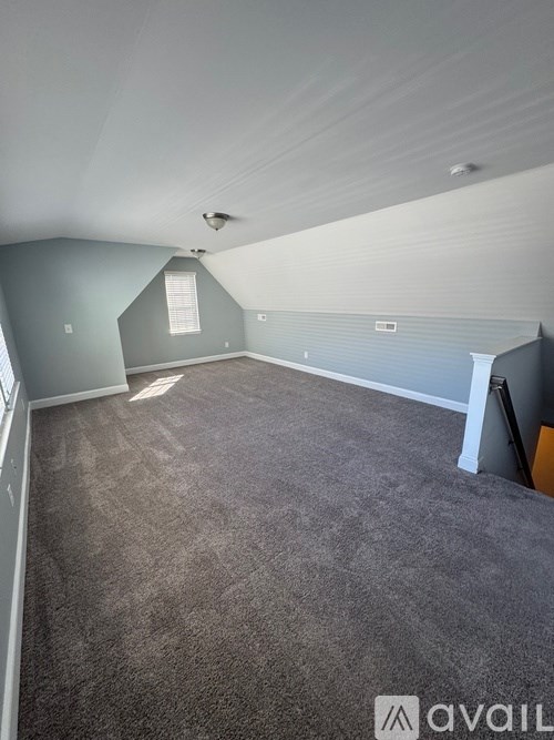 A room with grey carpet and a window with blinds.