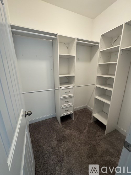 A room with white shelves and a white door.