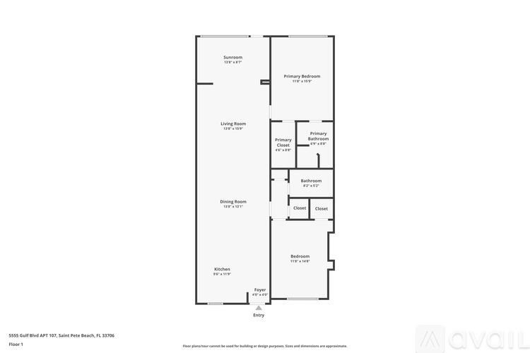 A floor plan of a condo with a living room, dining room, kitchen, and bathrooms.