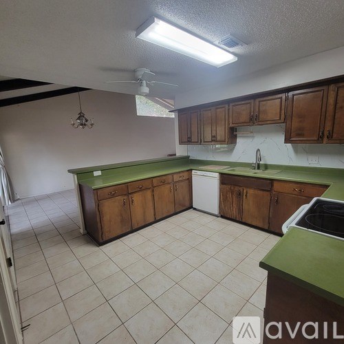 A kitchen with wooden cabinets and a green countertop.