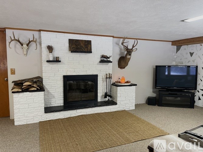 A living room with a fireplace and mounted deer heads.