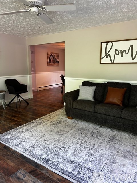 A living room with a grey couch and a rug.