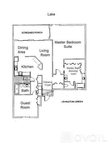 A floor plan of a house with a lake view showing the layout of the rooms.