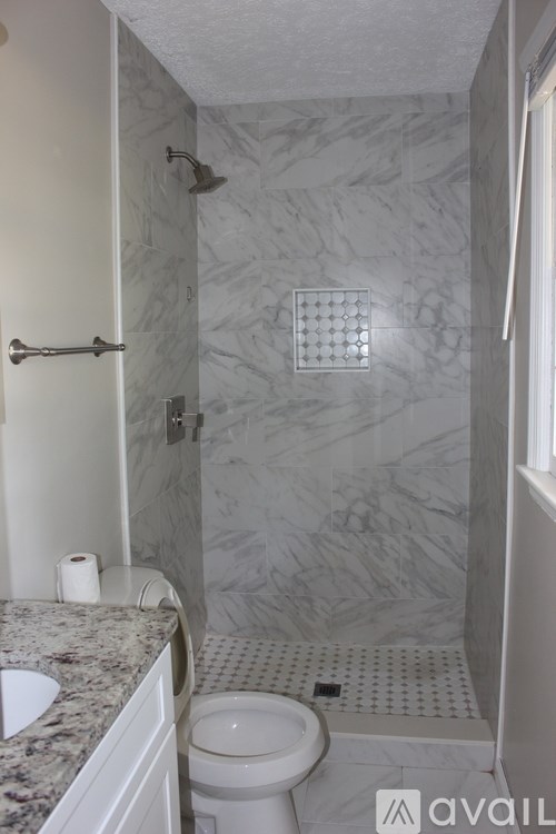 A bathroom with a marble tile shower and toilet.