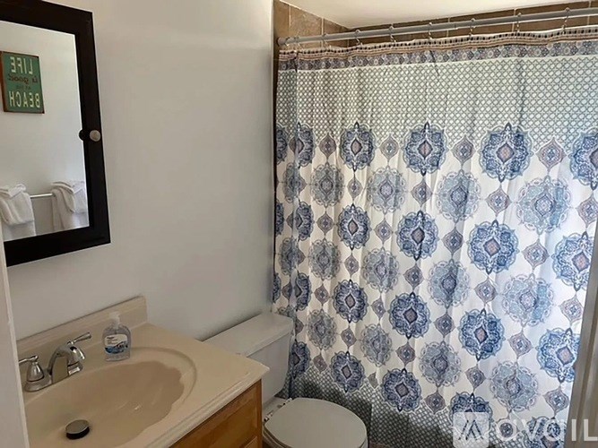 A bathroom with a shower curtain and a sink.