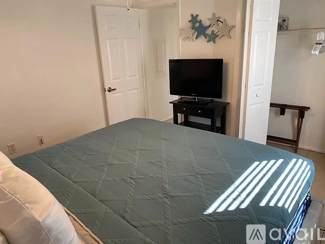 A bed with a green cover is in a room with a TV and a door.