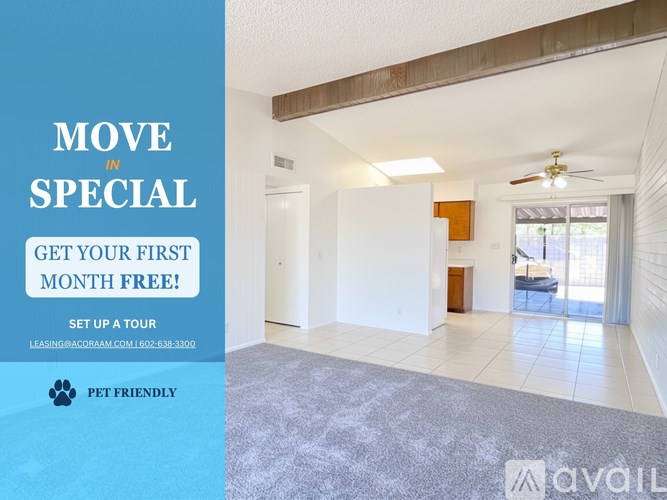 A room with a carpet floor and a ceiling fan, with text advertising a move-in special.