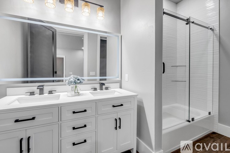 A bathroom with a white vanity and a walk-in shower.