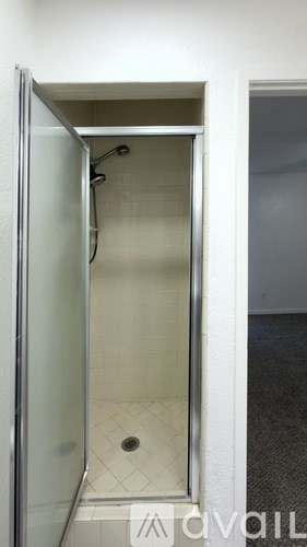 A shower stall with a glass door is open.