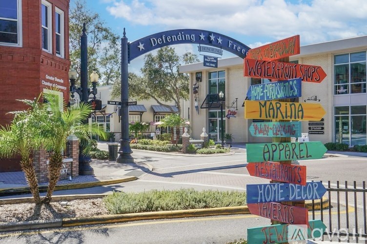 A signpost with various signs on it in front of a building.