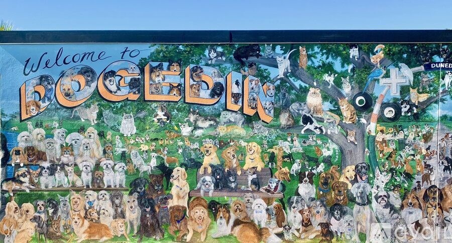 A mural of dogs in various poses and colors with the word "Pocahontas" written above them.