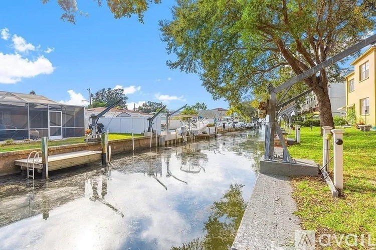 A tree is reflected in the water of a canal.