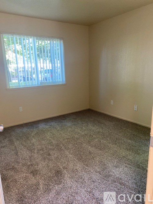 A room with a carpeted floor and a window with blinds.
