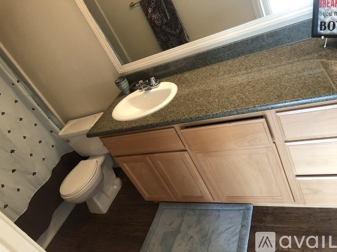 A bathroom with a sink, toilet and a mirror.