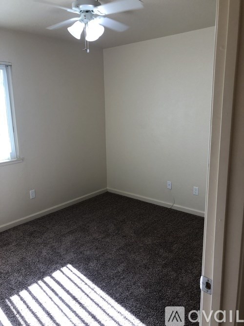 A room with a carpeted floor and a ceiling fan.