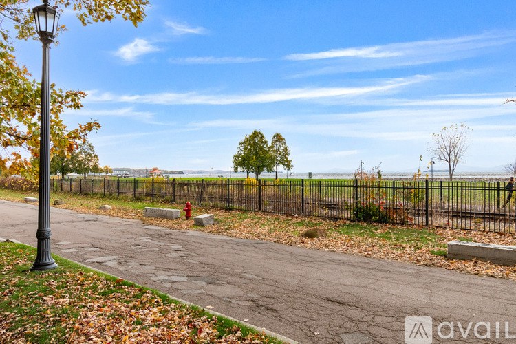 A street view with a lamp post on the left and a tree in the distance.
